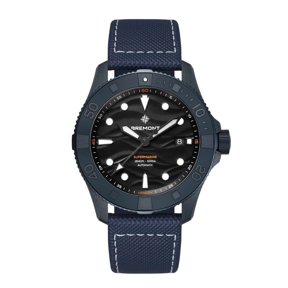 Deep-blue ceramic surrounds the Supermarine’s black wave-pattern dial.