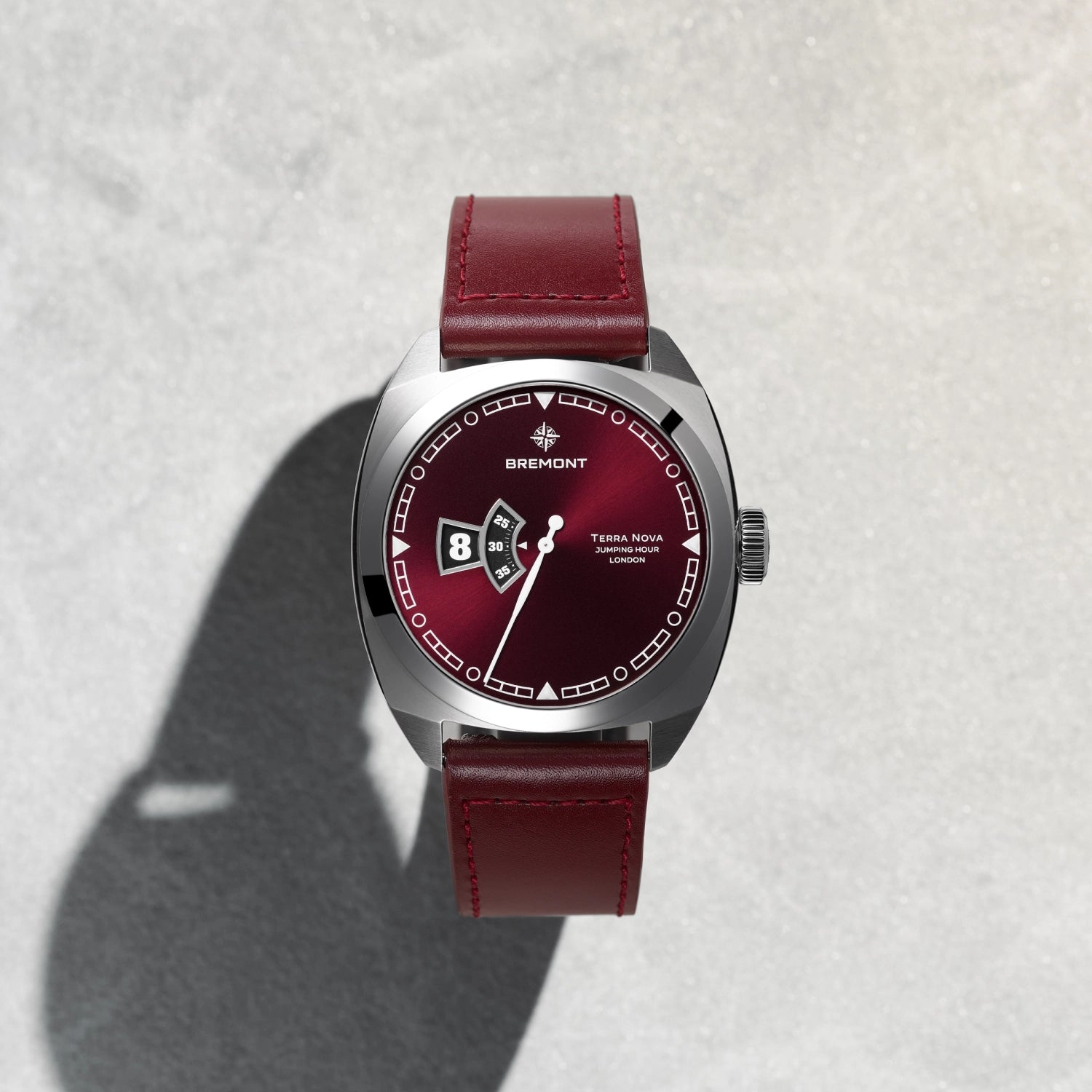 Terra Nova 40.5mm Jumping Hour Burgundy Leather Strap