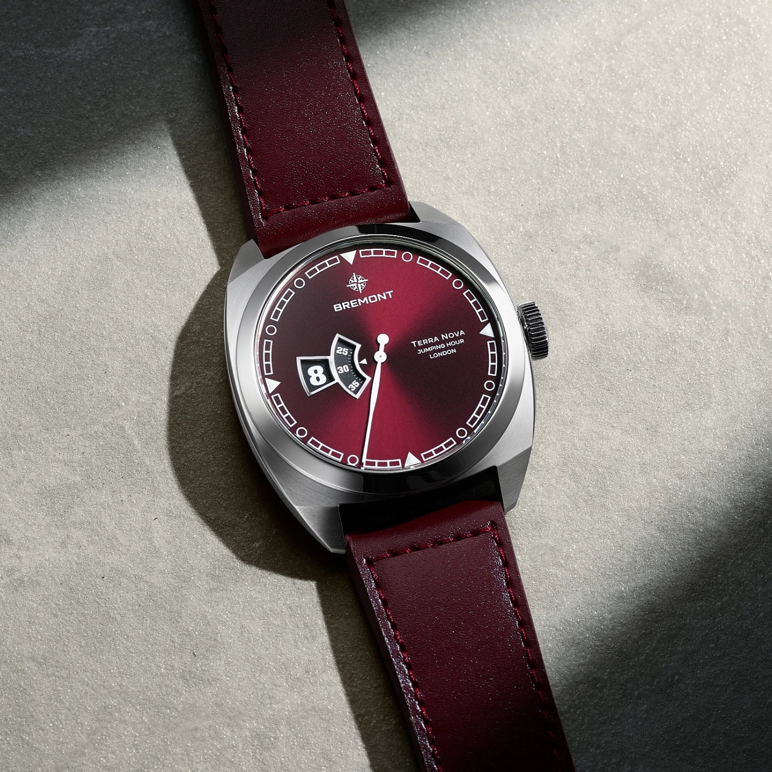 Terra Nova 40.5mm Jumping Hour Burgundy Leather Strap