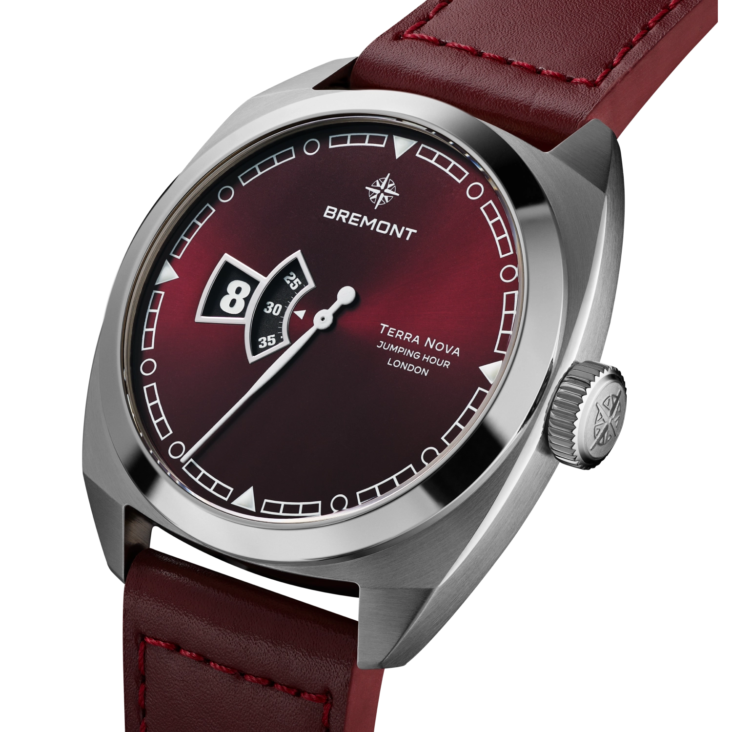 Terra Nova 40.5mm Jumping Hour Burgundy Leather Strap