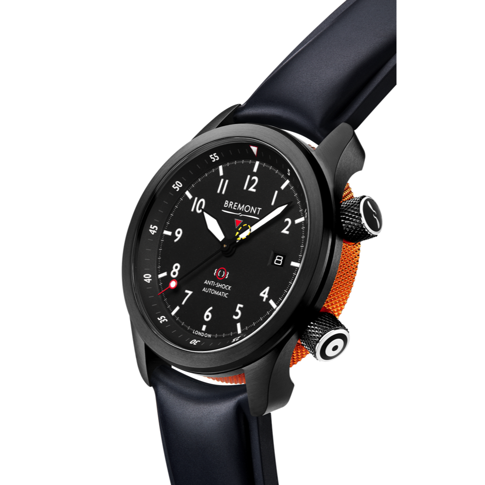 Bremont Watch Company Configurator MBII Custom DLC, Black Dial with Orange Barrel & Open Case Back