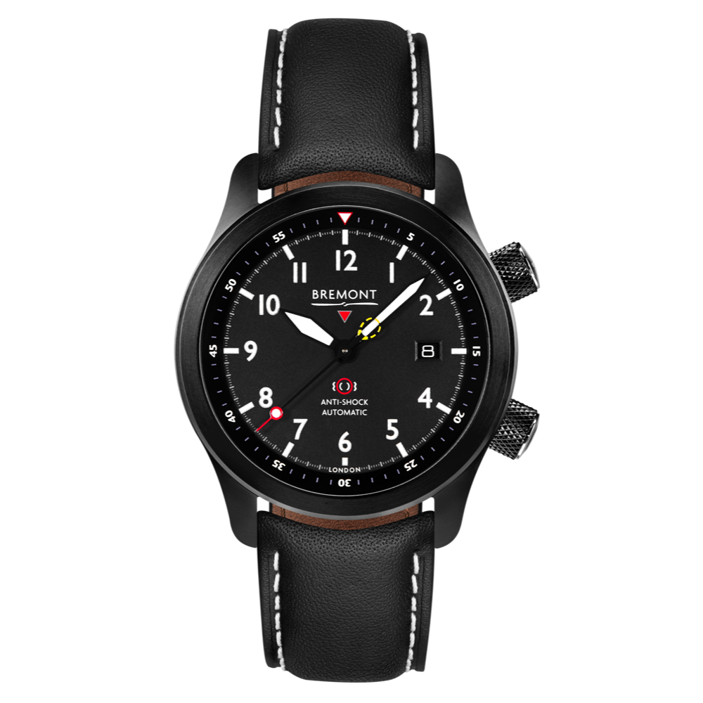 Bremont Watch Company Configurator Grey with White Stitch Leather / Short / Pin Buckle MBII Custom DLC, Black Dial with Anthracite Barrel & Closed Case Back