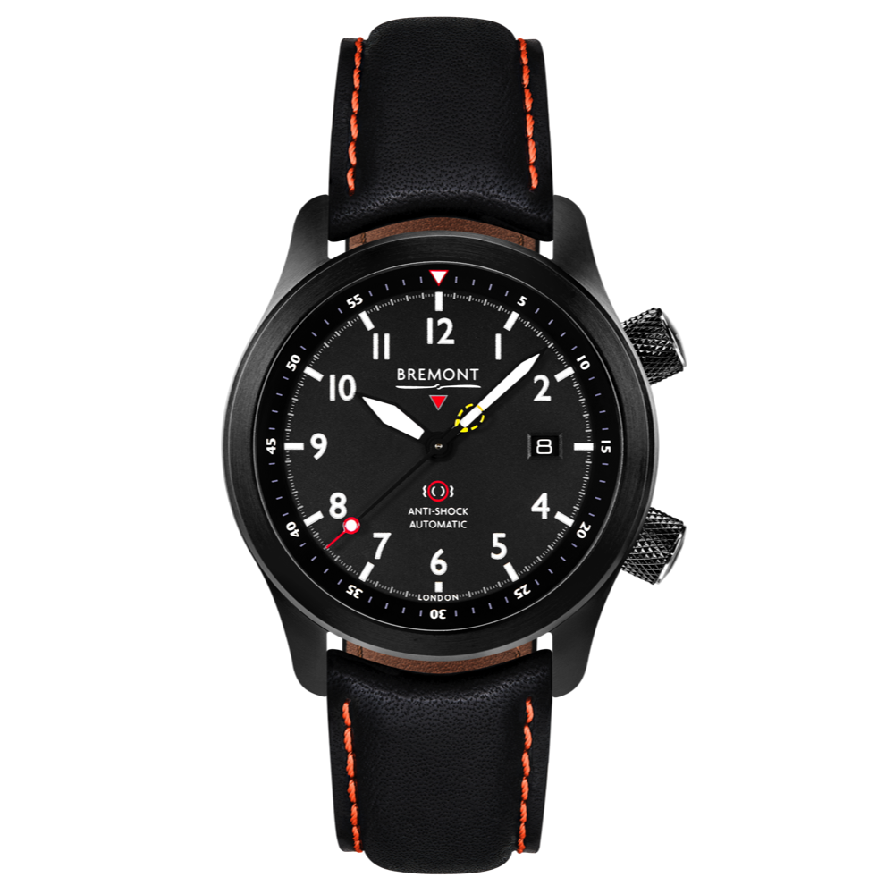 Bremont Watch Company Configurator Black with Orange Stitch Leather / Short / Pin Buckle MBII Custom DLC, Black Dial with Titanium Barrel & Open Case Back
