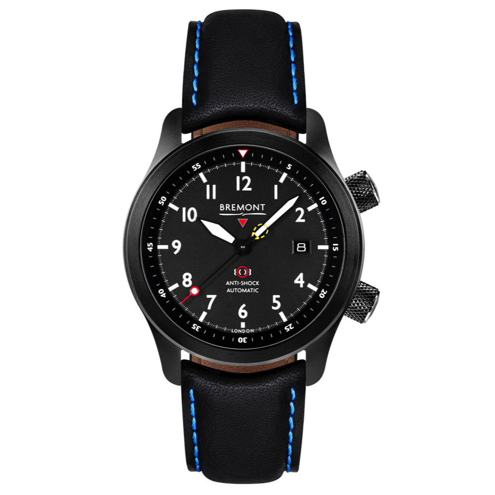 Bremont Watch Company Configurator Black with Blue Stitch Leather / Short / Pin Buckle MBII Custom DLC, Black Dial with Anthracite Barrel & Closed Case Back