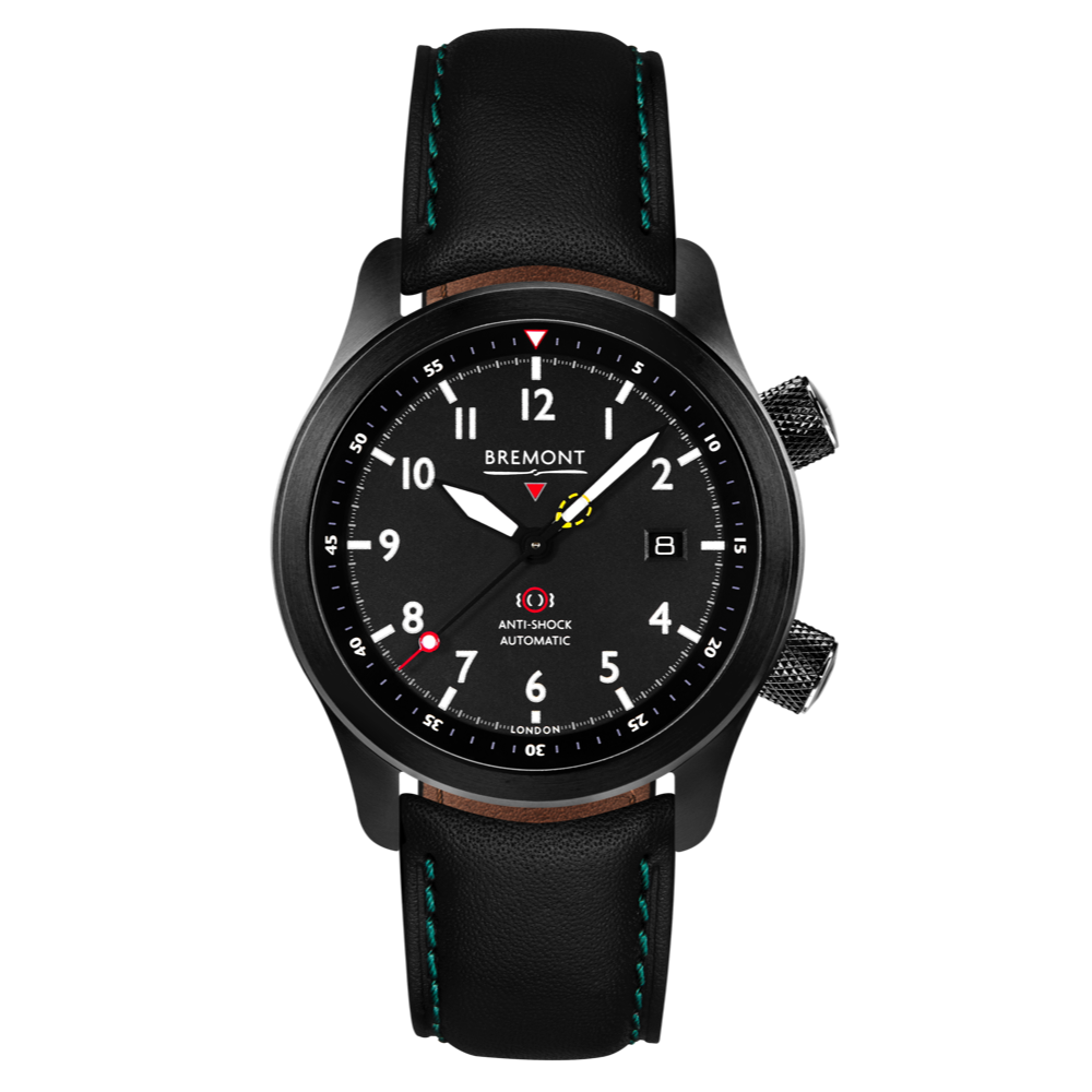 Bremont Watch Company Configurator Black with Green Stitch Leather / Short / Pin Buckle MBII Custom DLC, Black Dial with Anthracite Barrel & Closed Case Back