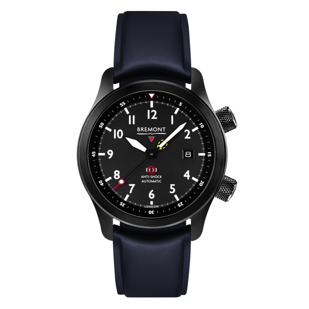 Bremont Watch Company Configurator Blue Temple Island / Short / Pin Buckle MBII Custom DLC, Black Dial with Green Barrel & Closed Case Back
