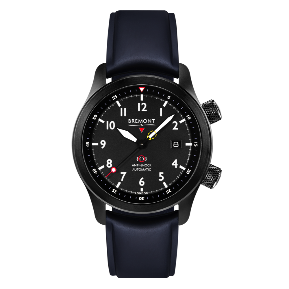 Bremont Watch Company Configurator Blue Temple Island / Short / Pin Buckle MBII Custom DLC, Black Dial with Orange Barrel & Open Case Back