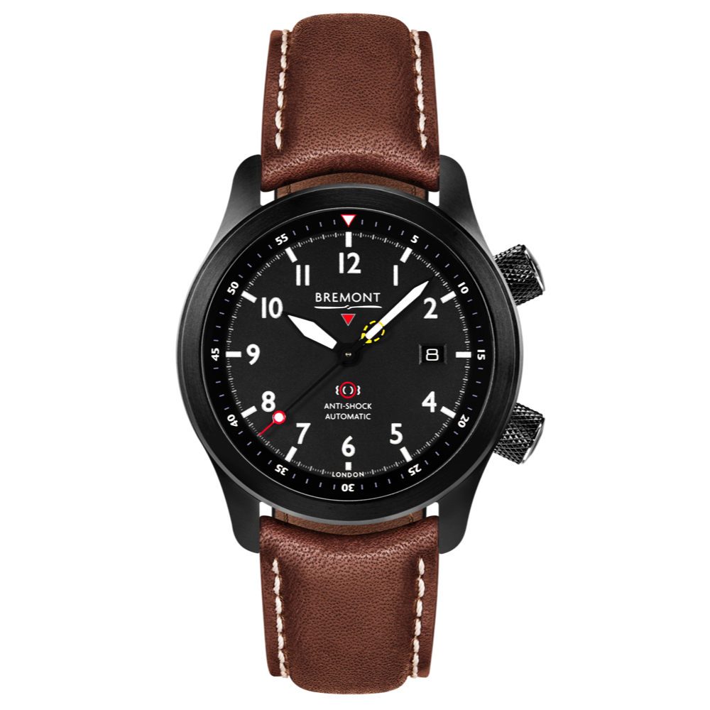 Bremont Watch Company Configurator Brown with White Stitch Leather / Short / Pin Buckle MBII Custom DLC, Black Dial with Anthracite Barrel & Closed Case Back