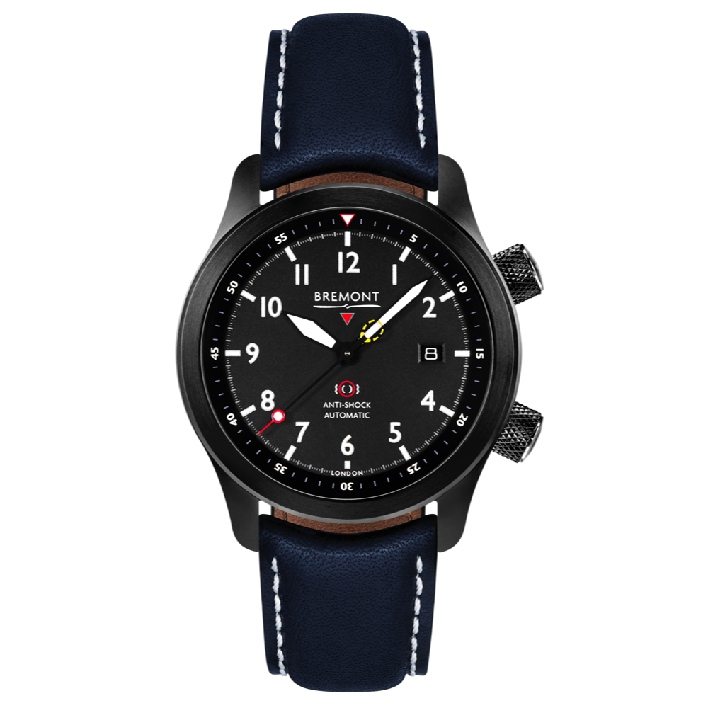 Bremont Watch Company Configurator Blue with White Stitch Leather / Short / Pin Buckle MBII Custom DLC, Black Dial with Anthracite Barrel & Closed Case Back