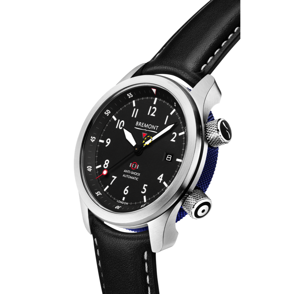 Bremont Watch Company Configurator MBII Custom Stainless Steel, Black Dial with Blue Barrel & Closed Case Back