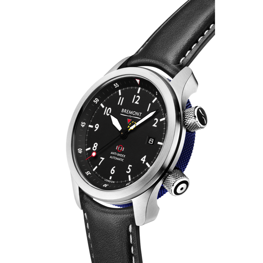Bremont Watch Company Configurator MBII Custom Stainless Steel, Black Dial with Blue Barrel & Closed Case Back