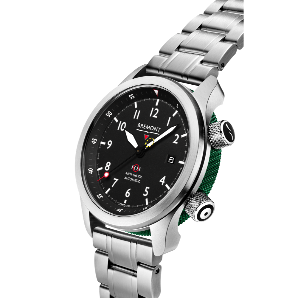 Bremont Watch Company Configurator MBII Custom Stainless Steel, Black Dial with Green Barrel & Closed Case Back