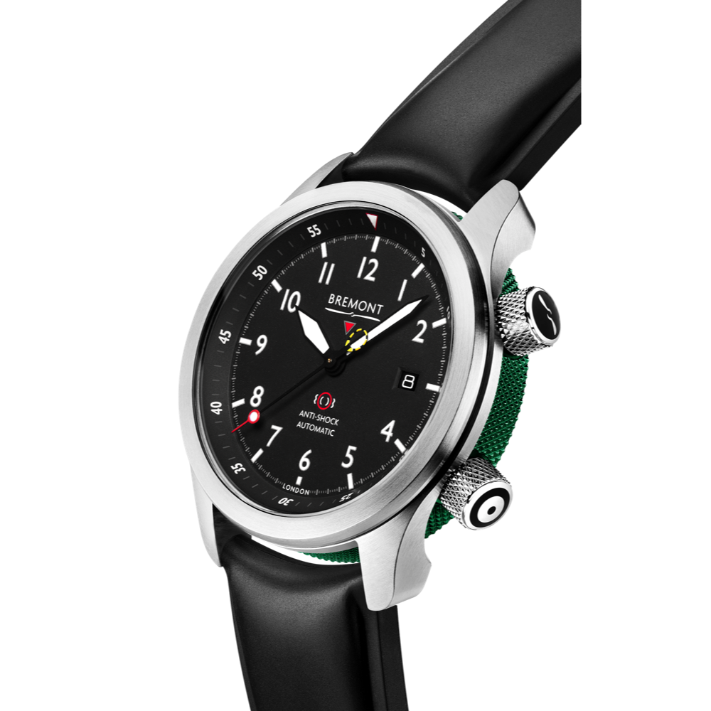 Bremont Watch Company Configurator MBII Custom Stainless Steel, Black Dial with Green Barrel & Closed Case Back