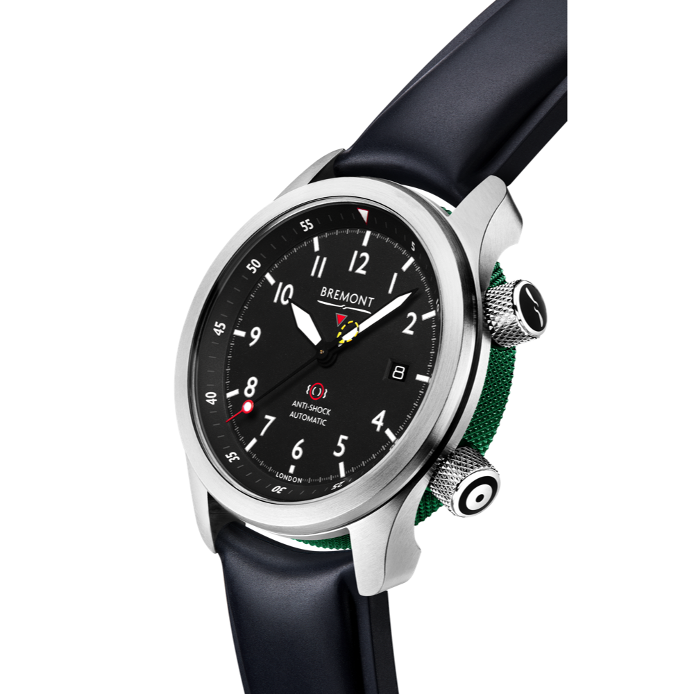 Bremont Watch Company Configurator MBII Custom Stainless Steel, Black Dial with Green Barrel & Closed Case Back