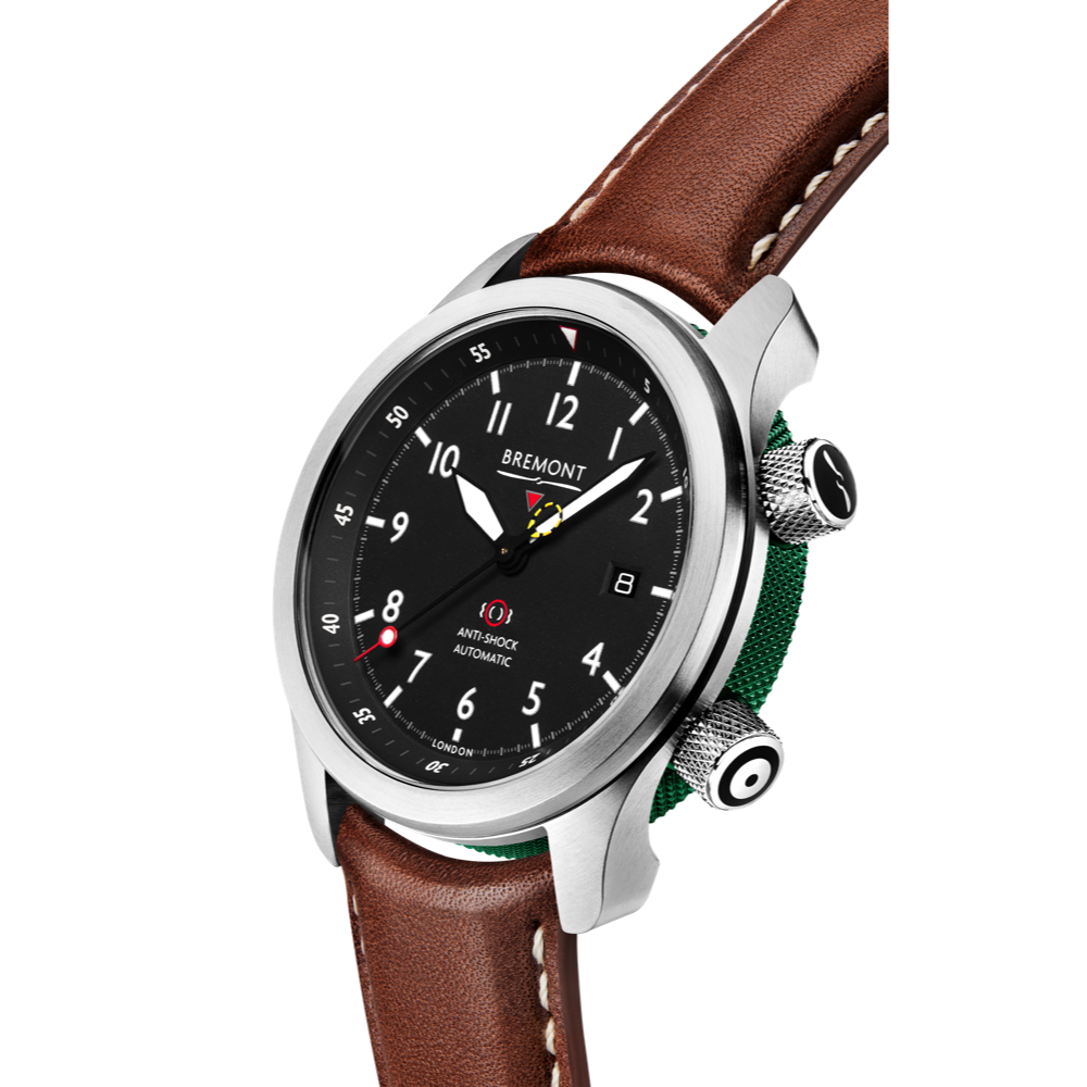 Bremont Watch Company Configurator MBII Custom Stainless Steel, Black Dial with Green Barrel & Closed Case Back