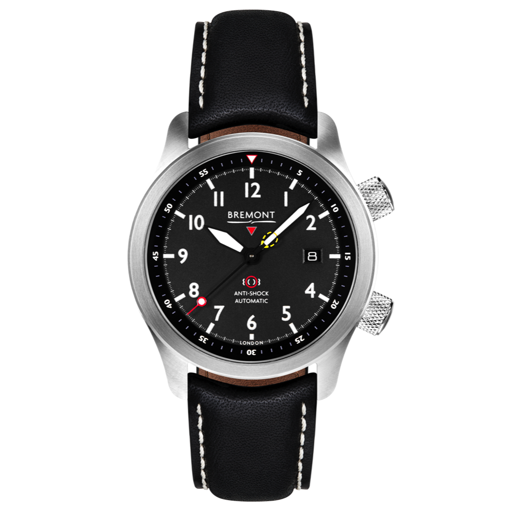 Bremont Watch Company Configurator Black with White Stitch Leather / Short / Pin Buckle MBII Custom Stainless Steel, Black Dial with Anthracite Barrel & Closed Case Back