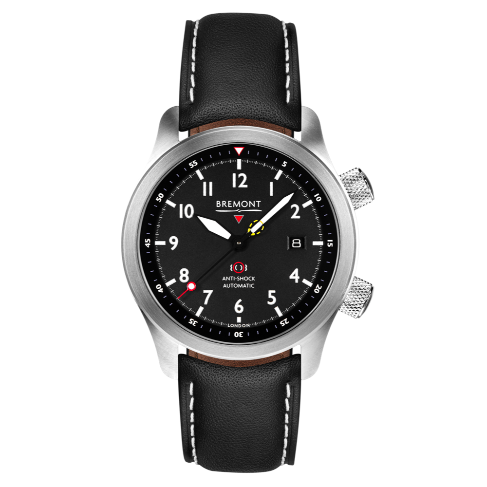 Bremont Watch Company Configurator Grey with White Stitch Leather / Short / Pin Buckle MBII Custom Stainless Steel, Black Dial with Anthracite Barrel & Closed Case Back