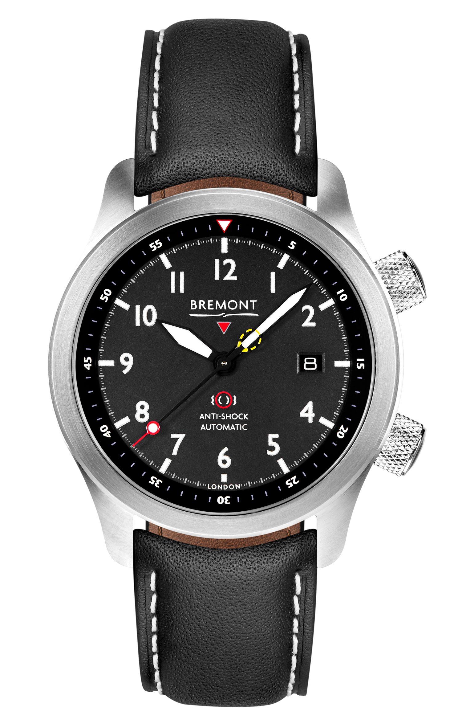 Bremont Watch Company Configurator Grey with White Stitch Leather / Short / Pin Buckle MBII Custom Stainless Steel, Black Dial with Dark Blue Barrel & Open Case Back