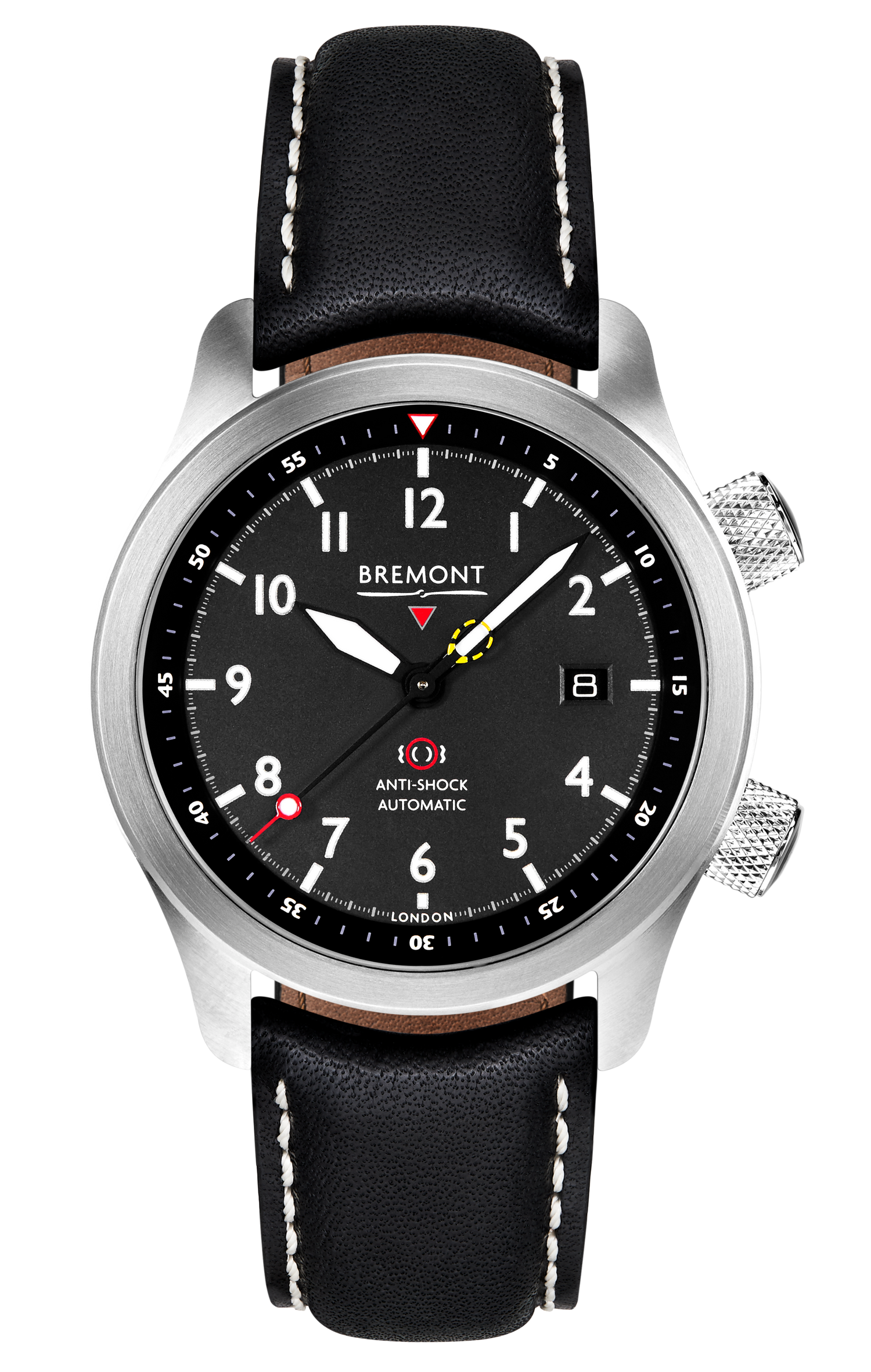 Bremont Watch Company Configurator Black with White Stitch Leather / Short / Pin Buckle MBII Custom Stainless Steel, Black Dial with Dark Blue Barrel & Open Case Back