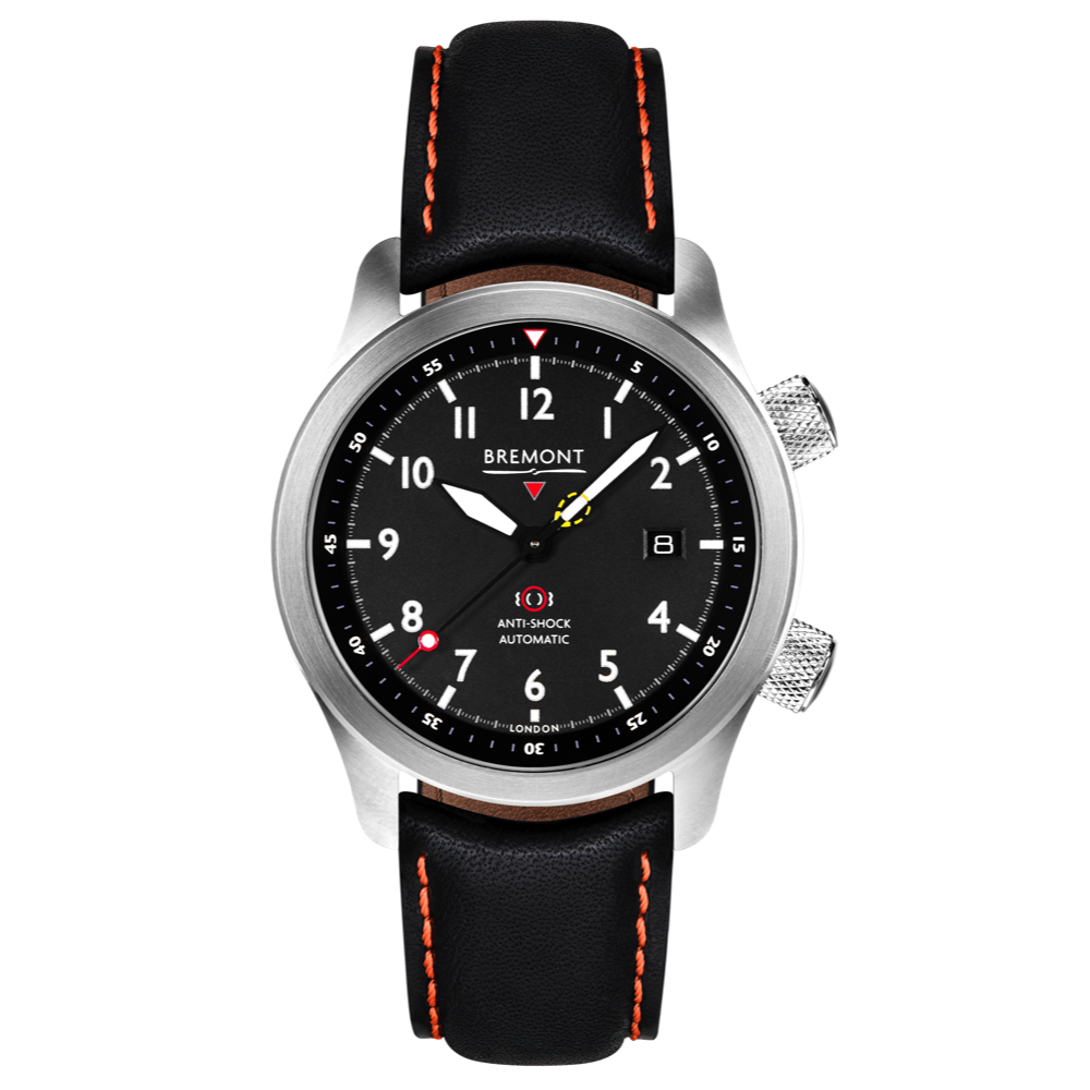 Bremont Watch Company Configurator Black with Orange Stitch Leather / Short / Pin Buckle MBII Custom Stainless Steel, Black Dial with Anthracite Barrel & Closed Case Back