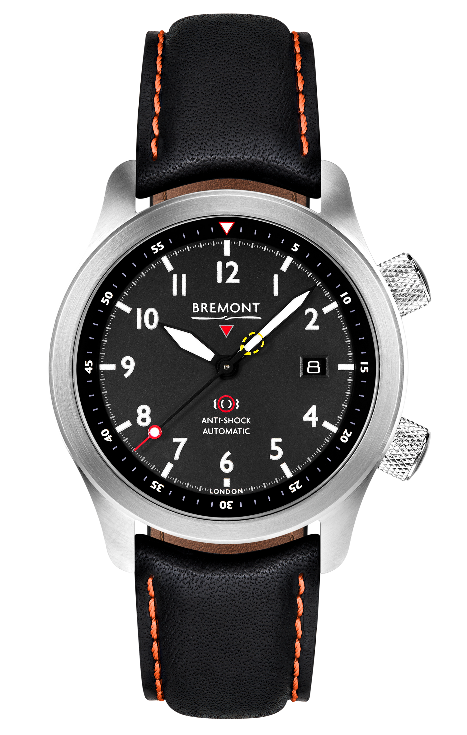 Bremont Watch Company Configurator Black with Orange Stitch Leather / Short / Pin Buckle MBII Custom Stainless Steel, Black Dial with Dark Blue Barrel & Open Case Back