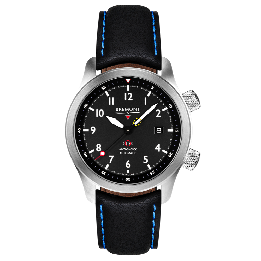 Bremont Watch Company Configurator Black with Blue Stitch Leather / Short / Pin Buckle MBII Custom Stainless Steel, Black Dial with Anthracite Barrel & Closed Case Back