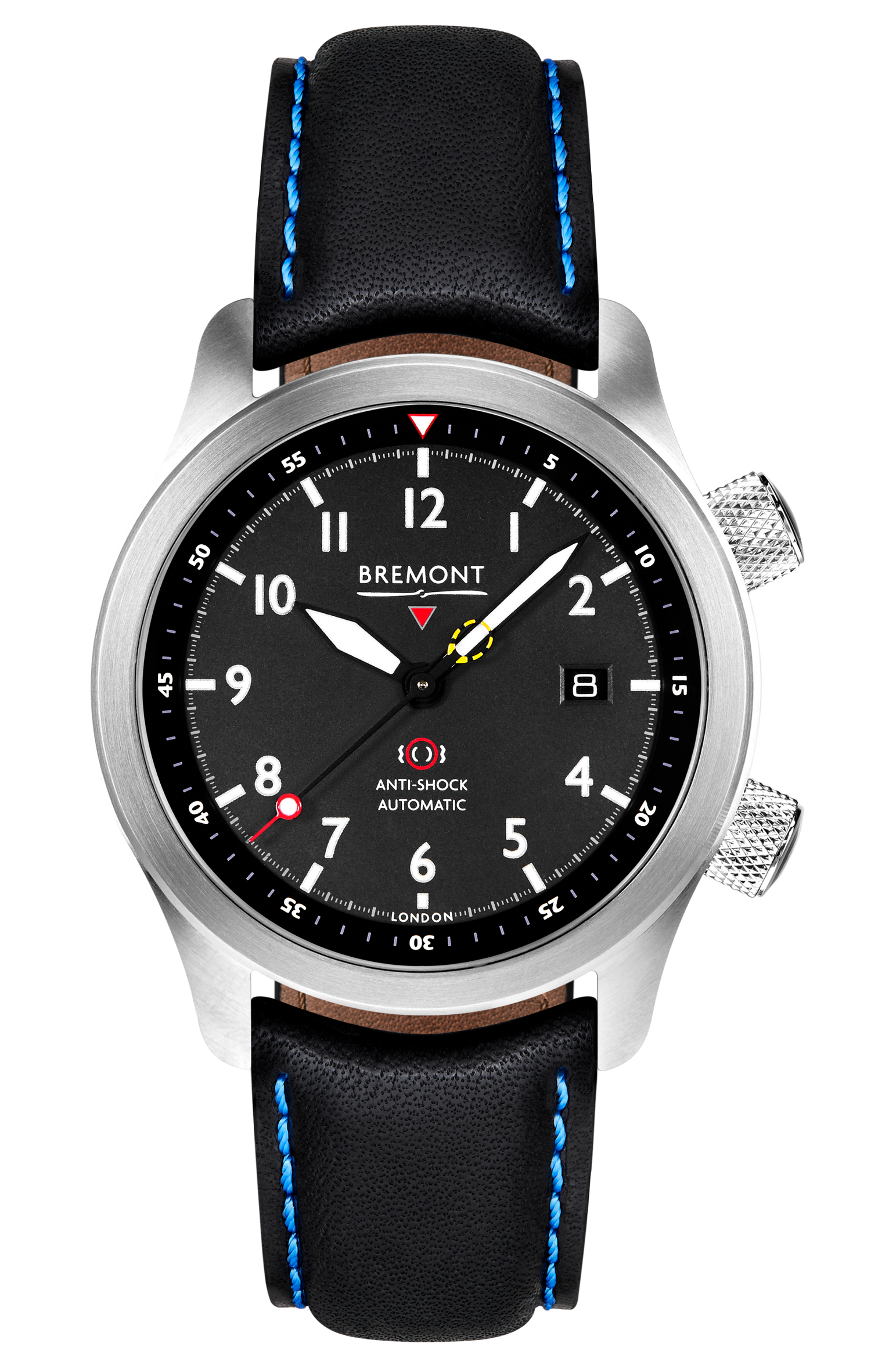 Bremont Watch Company Configurator Black with Blue Stitch Leather / Short / Pin Buckle MBII Custom Stainless Steel, Black Dial with Dark Blue Barrel & Open Case Back
