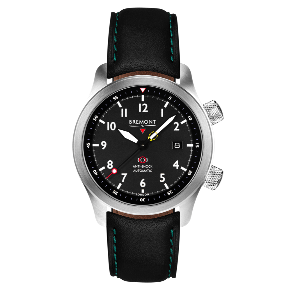 Bremont Watch Company Configurator Black with Green Stitch Leather / Short / Pin Buckle MBII Custom Stainless Steel, Black Dial with Yellow Barrel & Open Case Back
