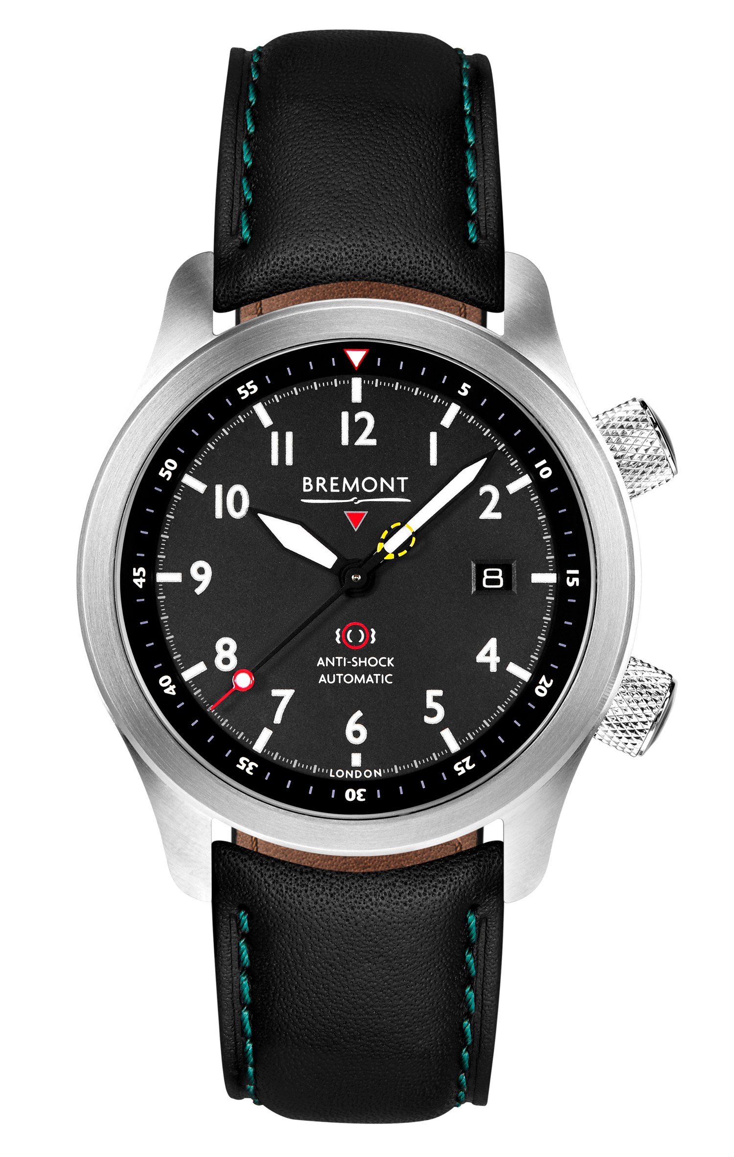 Bremont Watch Company Configurator Black with Green Stitch Leather / Short / Pin Buckle MBII Custom Stainless Steel, Black Dial with Dark Blue Barrel & Open Case Back