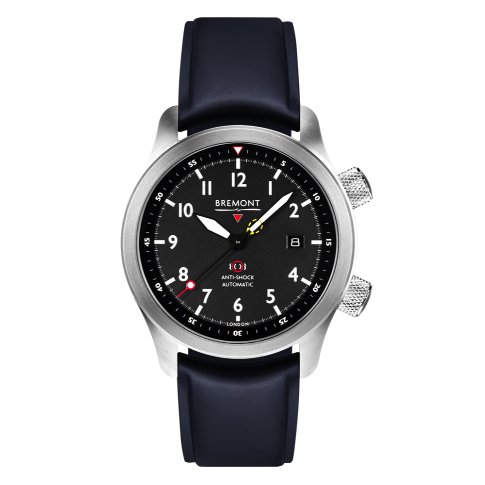 Bremont Watch Company Configurator Blue Temple Island / Short / Pin Buckle MBII Custom Stainless Steel, Black Dial with Orange Barrel & Open Case Back