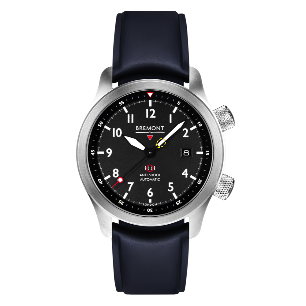 Bremont Watch Company Configurator Blue Temple Island / Short / Pin Buckle MBII Custom Stainless Steel, Black Dial with Blue Barrel & Closed Case Back