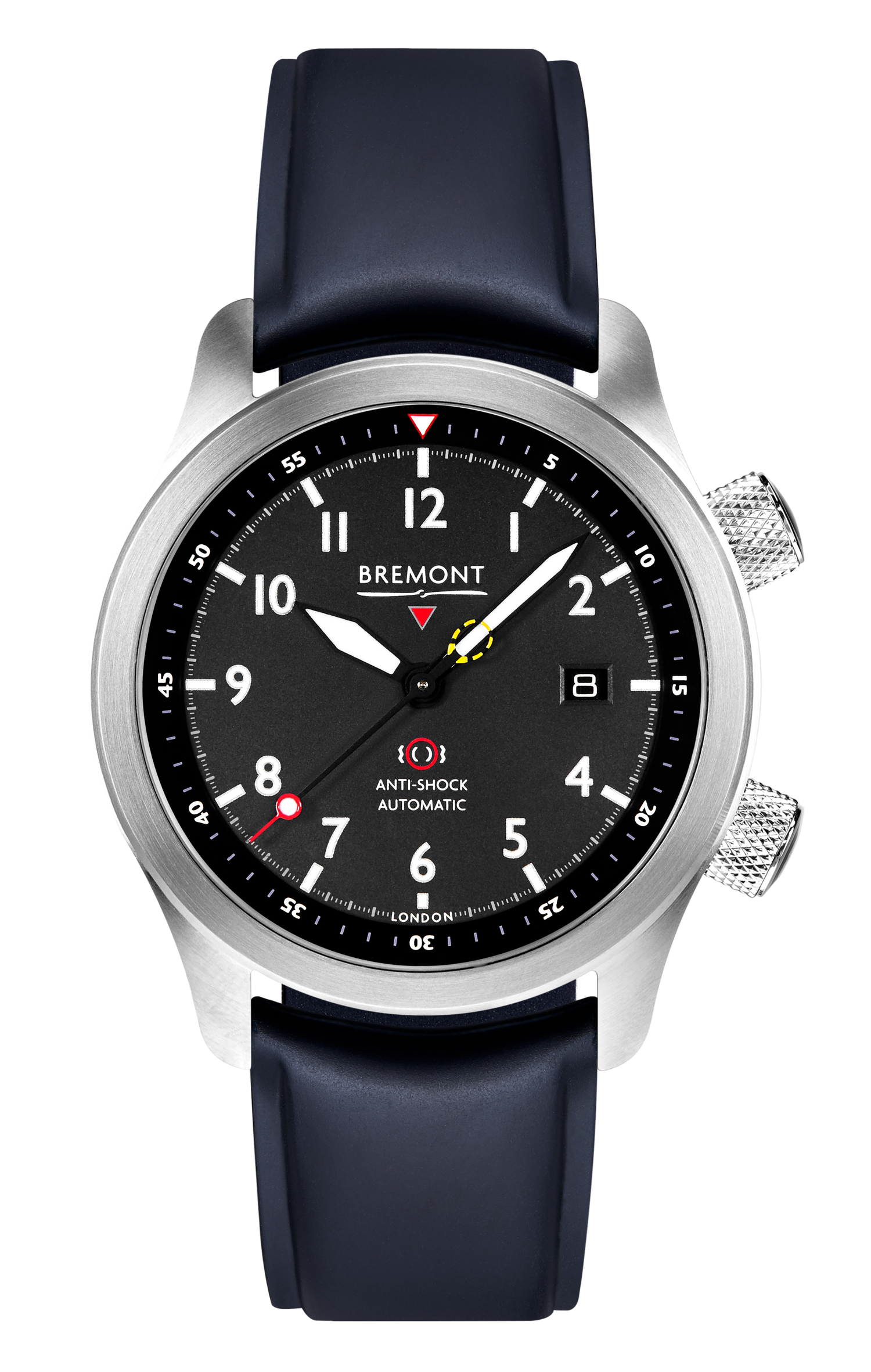 Bremont Watch Company Configurator Blue Temple Island / Short / Pin Buckle MBII Custom Stainless Steel, Black Dial with Dark Blue Barrel & Open Case Back