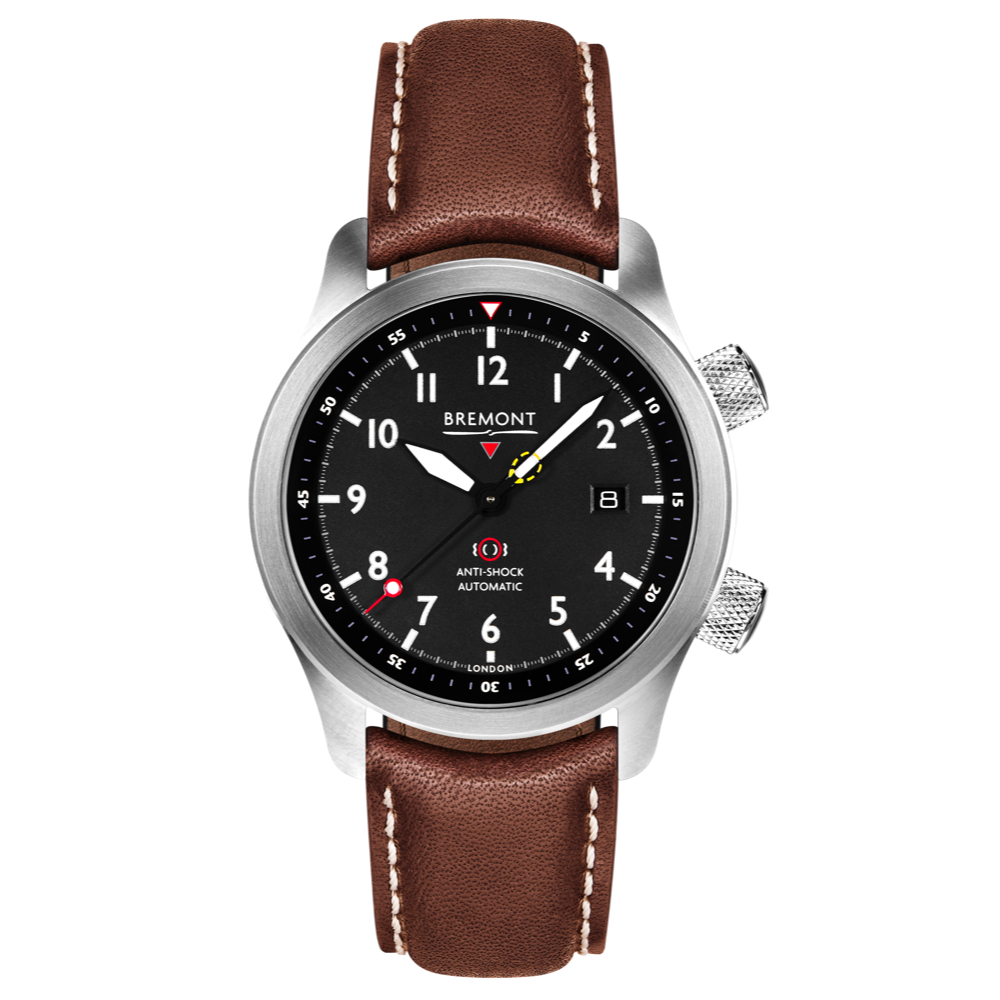 Bremont Watch Company Configurator Brown with White Stitch Leather / Short / Pin Buckle MBII Custom Stainless Steel, Black Dial with Anthracite Barrel & Closed Case Back