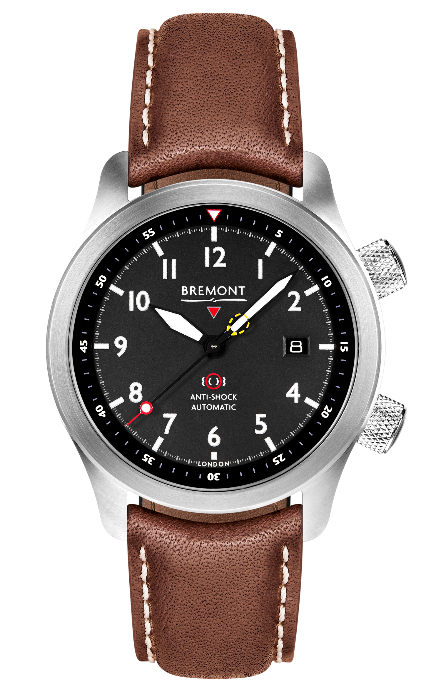 Bremont Watch Company Configurator Brown with White Stitch Leather / Short / Pin Buckle MBII Custom Stainless Steel, Black Dial with Dark Blue Barrel & Open Case Back