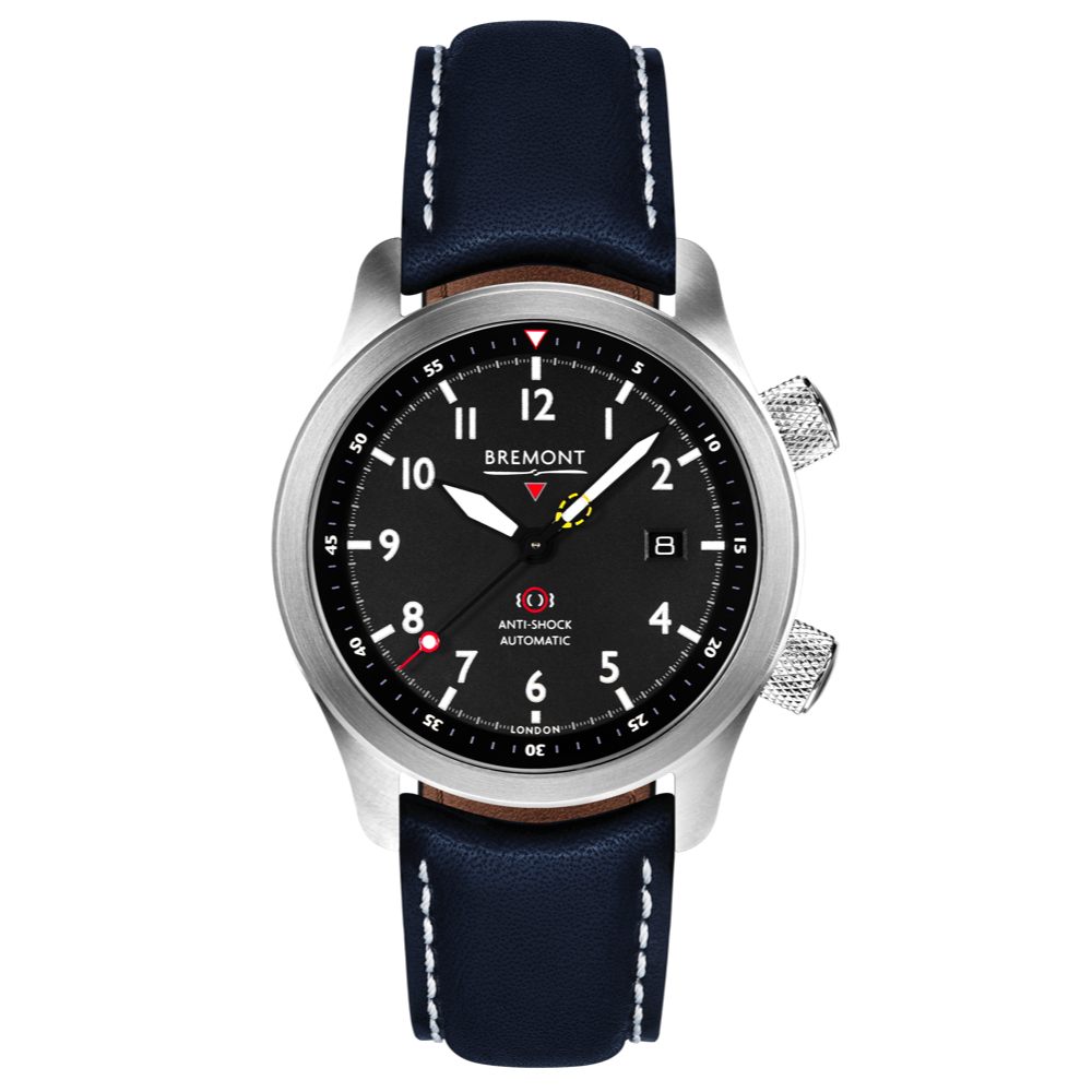 Bremont Watch Company Configurator Blue with White Stitch Leather / Short / Pin Buckle MBII Custom Stainless Steel, Black Dial with Anthracite Barrel & Closed Case Back