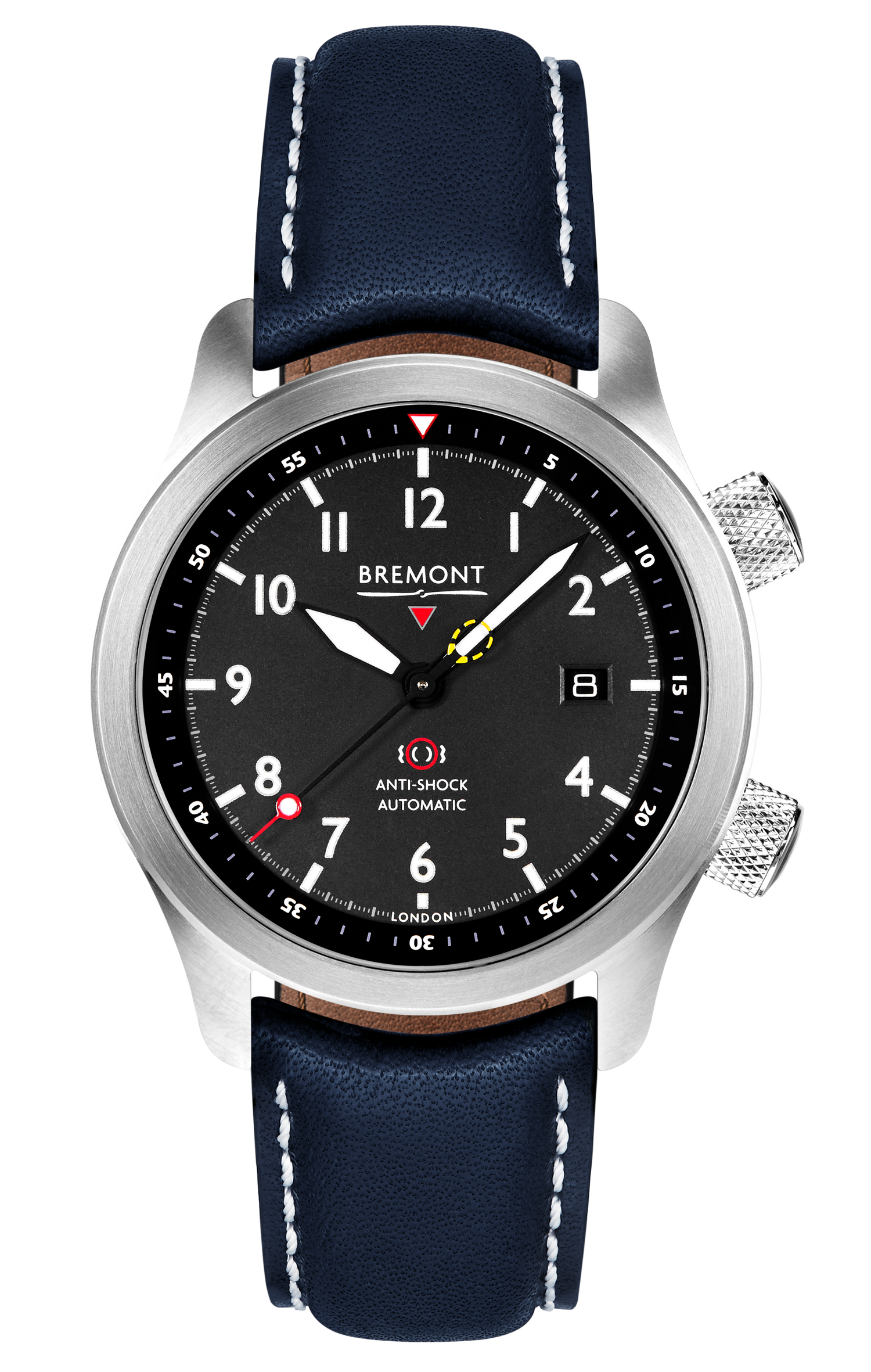 Bremont Watch Company Configurator Blue with White Stitch Leather / Short / Pin Buckle MBII Custom Stainless Steel, Black Dial with Dark Blue Barrel & Open Case Back