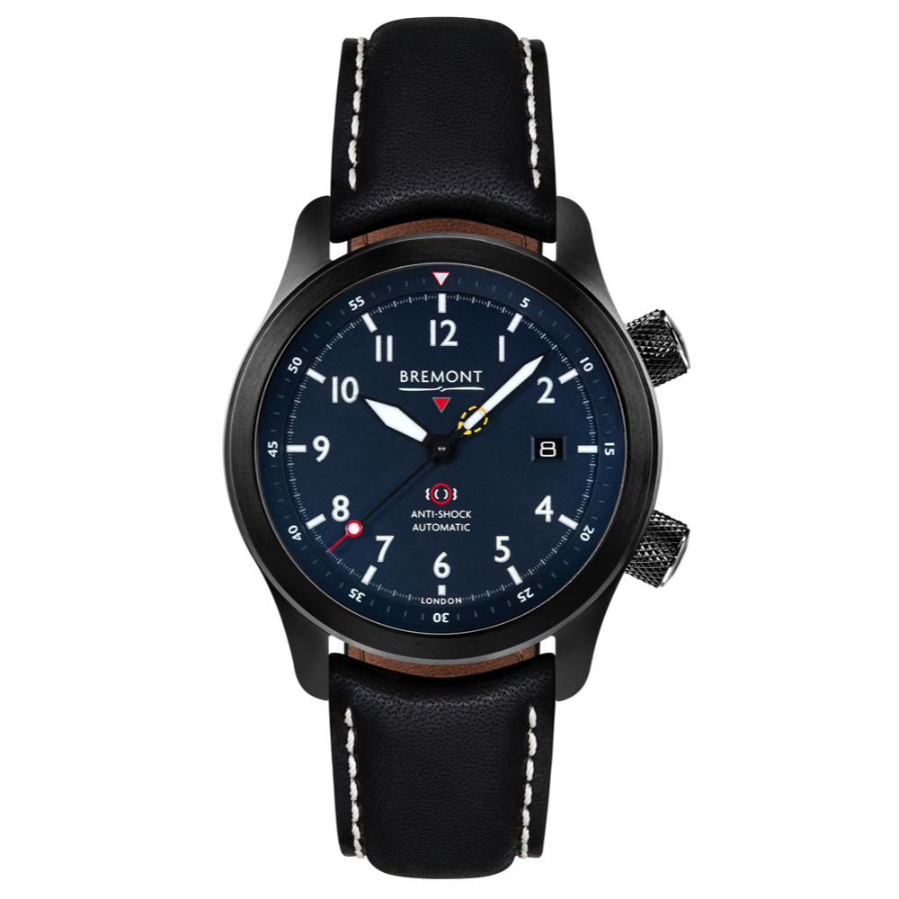 Bremont Watch Company Configurator Black with White Stitch Leather / Short / Pin Buckle MBII Custom DLC, Blue Dial with Yellow Barrel & Open Case Back