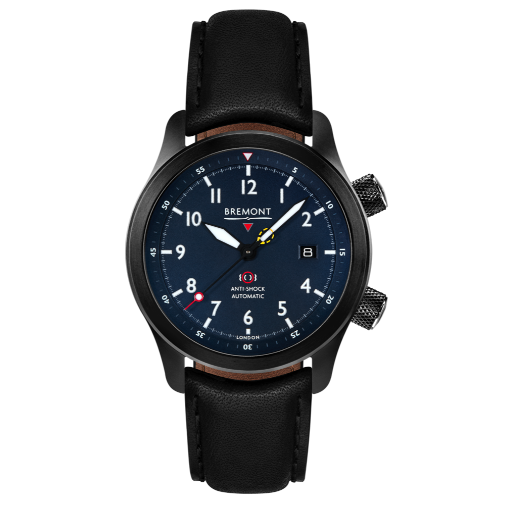 Bremont Watch Company Configurator Black with Black Stitch Leather / Short / Pin Buckle MBII Custom DLC, Blue Dial with Green Barrel & Open Case Back