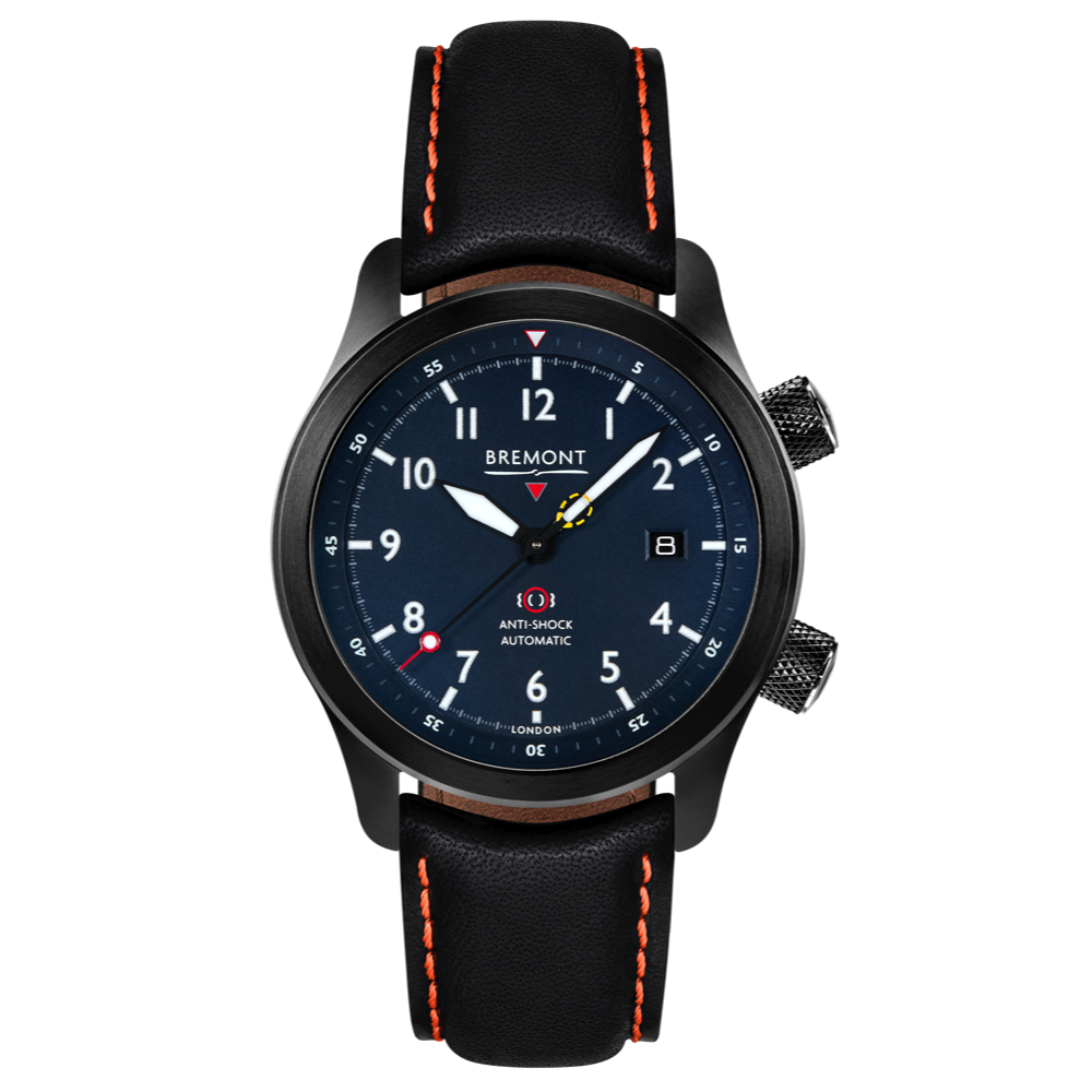 Bremont Watch Company Configurator Black with Orange Stitch Leather / Short / Pin Buckle MBII Custom DLC, Blue Dial with Purple Barrel & Open Case Back