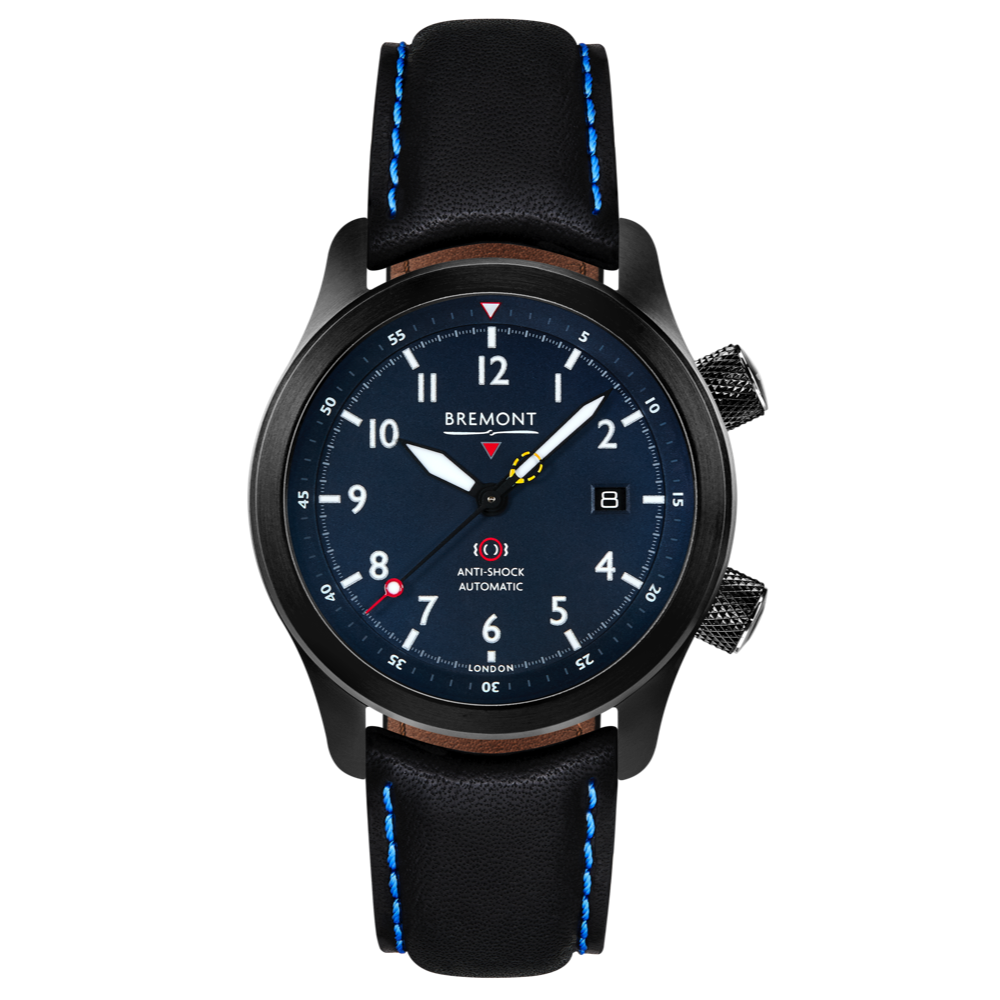 Bremont Watch Company Configurator Black with Blue Stitch Leather / Short / Pin Buckle MBII Custom DLC, Blue Dial with Purple Barrel & Closed Case Back