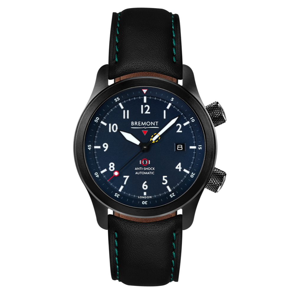 Bremont Watch Company Configurator Black with Green Stitch Leather / Short / Pin Buckle MBII Custom DLC, Blue Dial with Anthracite Barrel & Closed Case Back