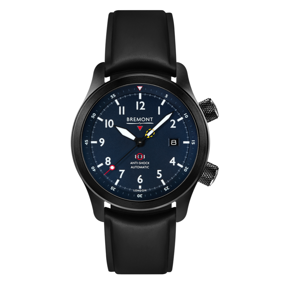 Bremont Watch Company Configurator Black Temple Island / Short / Pin Buckle MBII Custom DLC, Blue Dial with Jet Barrel & Closed Case Back