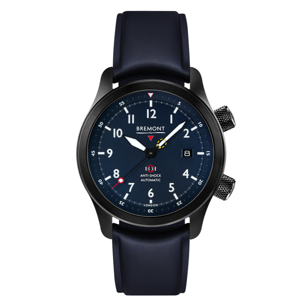 Bremont Watch Company Configurator Blue Temple Island / Short / Pin Buckle MBII Custom DLC, Blue Dial with Purple Barrel & Closed Case Back