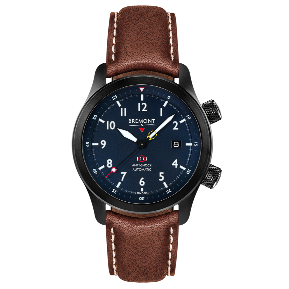 Bremont Watch Company Configurator Brown with White Stitch Leather / Short / Pin Buckle MBII Custom DLC, Blue Dial with Green Barrel & Closed Case Back
