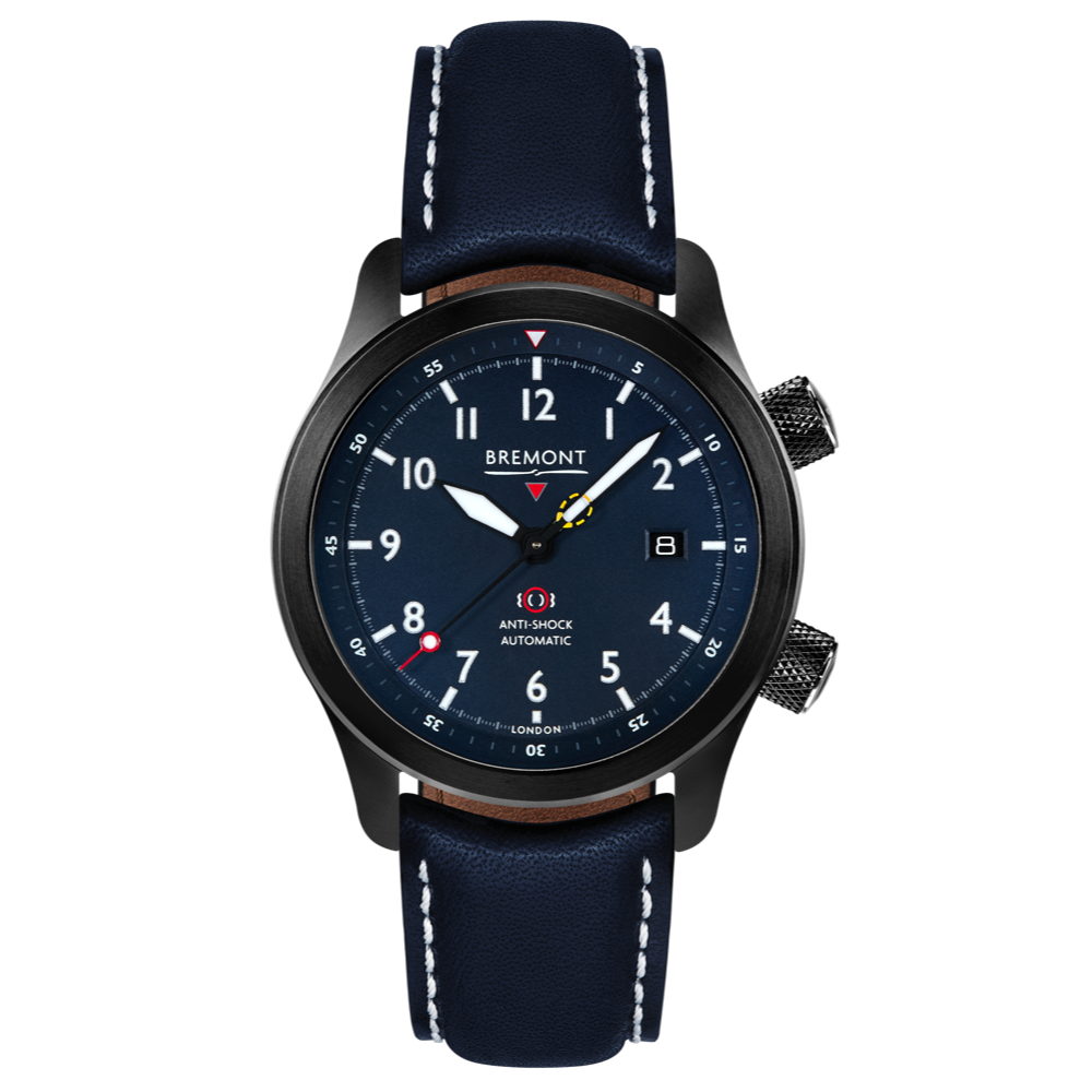 Bremont Watch Company Configurator Blue with White Stitch Leather / Short / Pin Buckle MBII Custom DLC, Blue Dial with Jet Barrel & Open Case Back