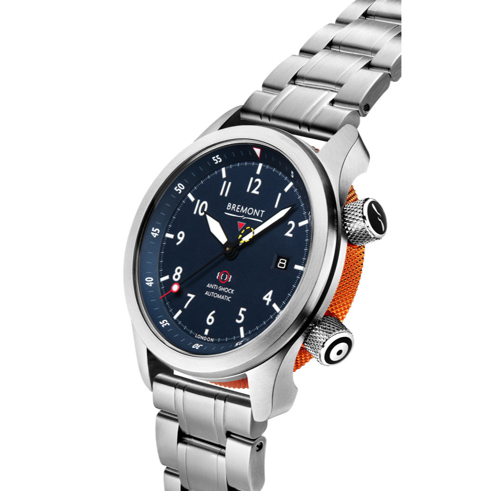 Bremont Watch Company Configurator MBII Custom Stainless Steel, Blue Dial with Orange Barrel & Closed Case Back