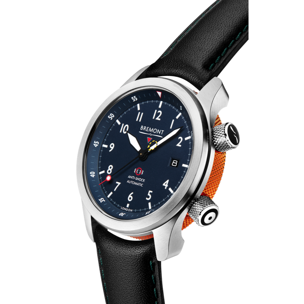 Bremont Watch Company Configurator MBII Custom Stainless Steel, Blue Dial with Orange Barrel & Open Case Back