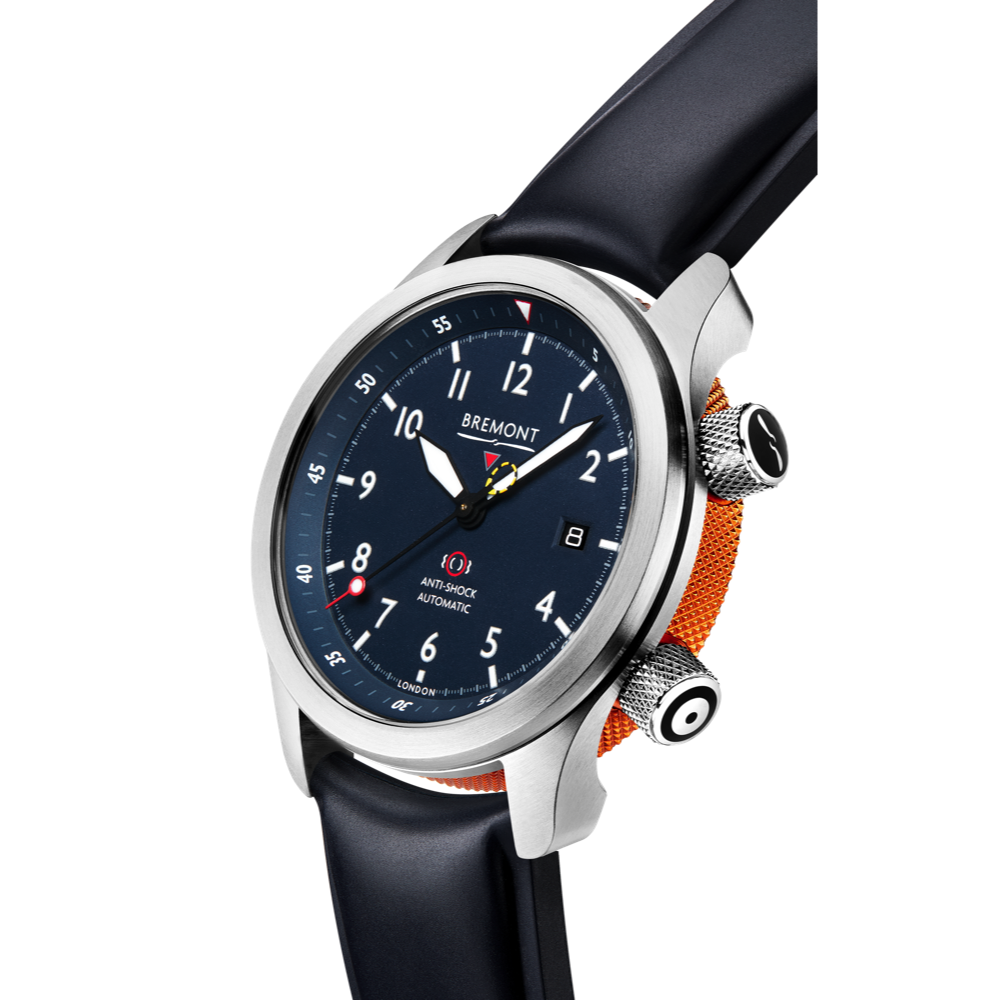 Bremont Watch Company Configurator MBII Custom Stainless Steel, Blue Dial with Orange Barrel & Closed Case Back