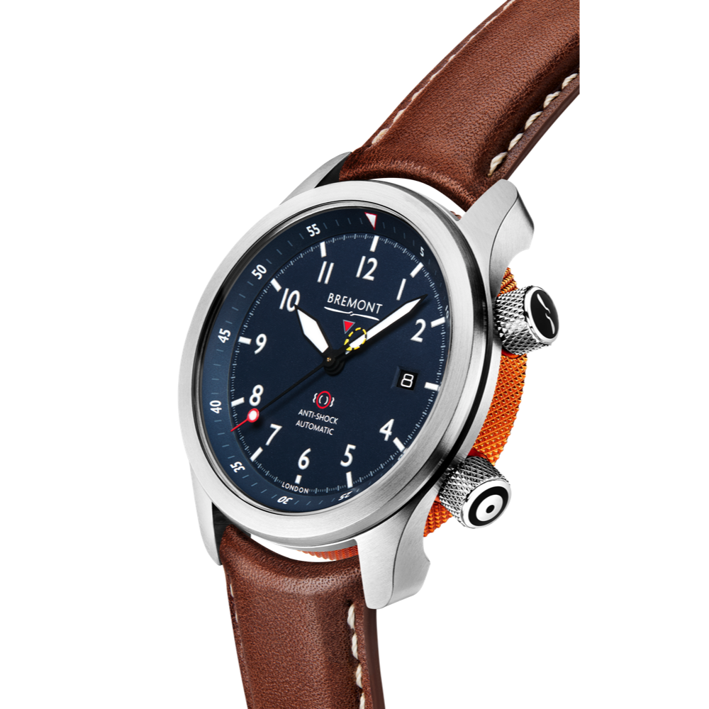 Bremont Watch Company Configurator MBII Custom Stainless Steel, Blue Dial with Orange Barrel & Open Case Back