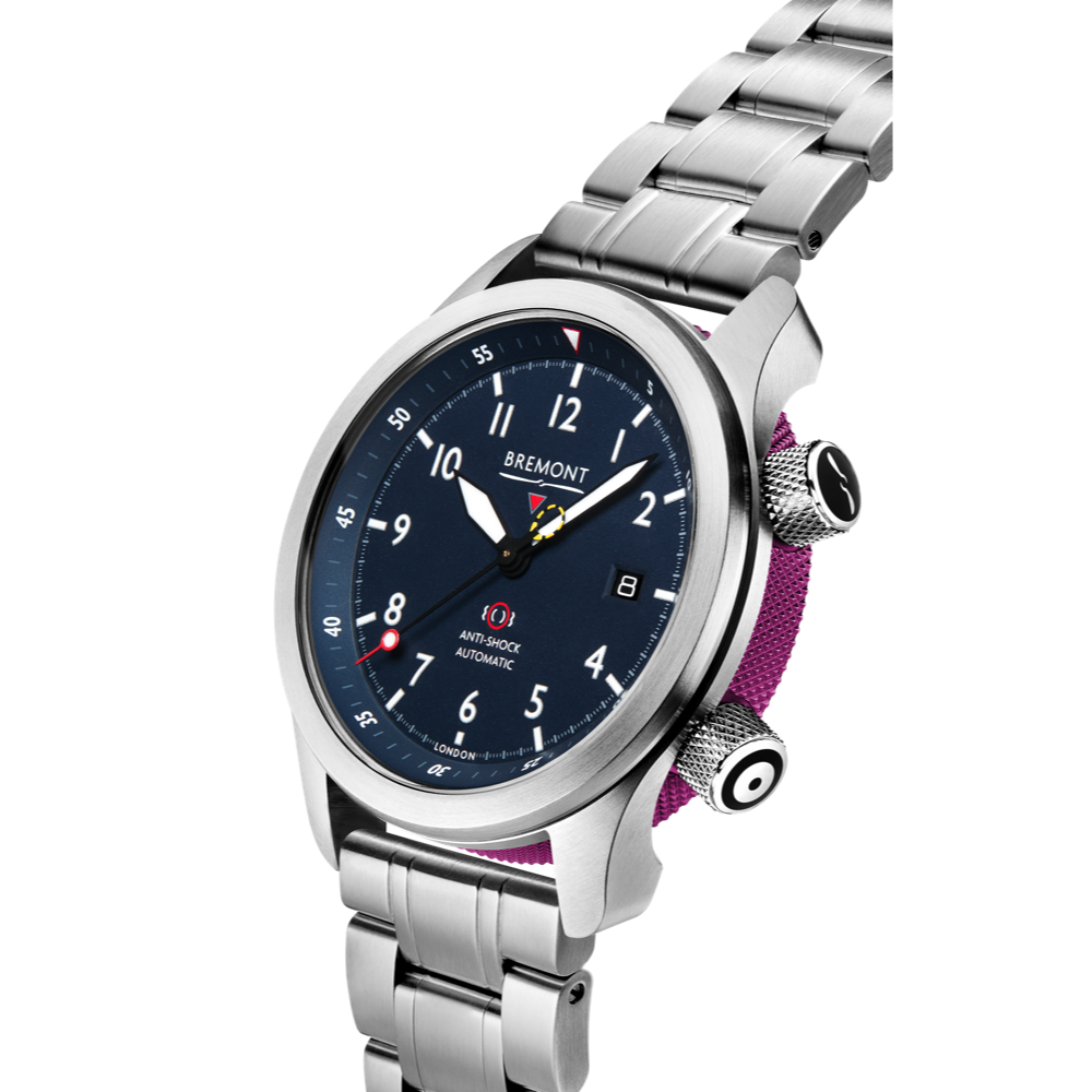 Bremont Watch Company Configurator MBII Custom Stainless Steel, Blue Dial with Purple Barrel & Open Case Back